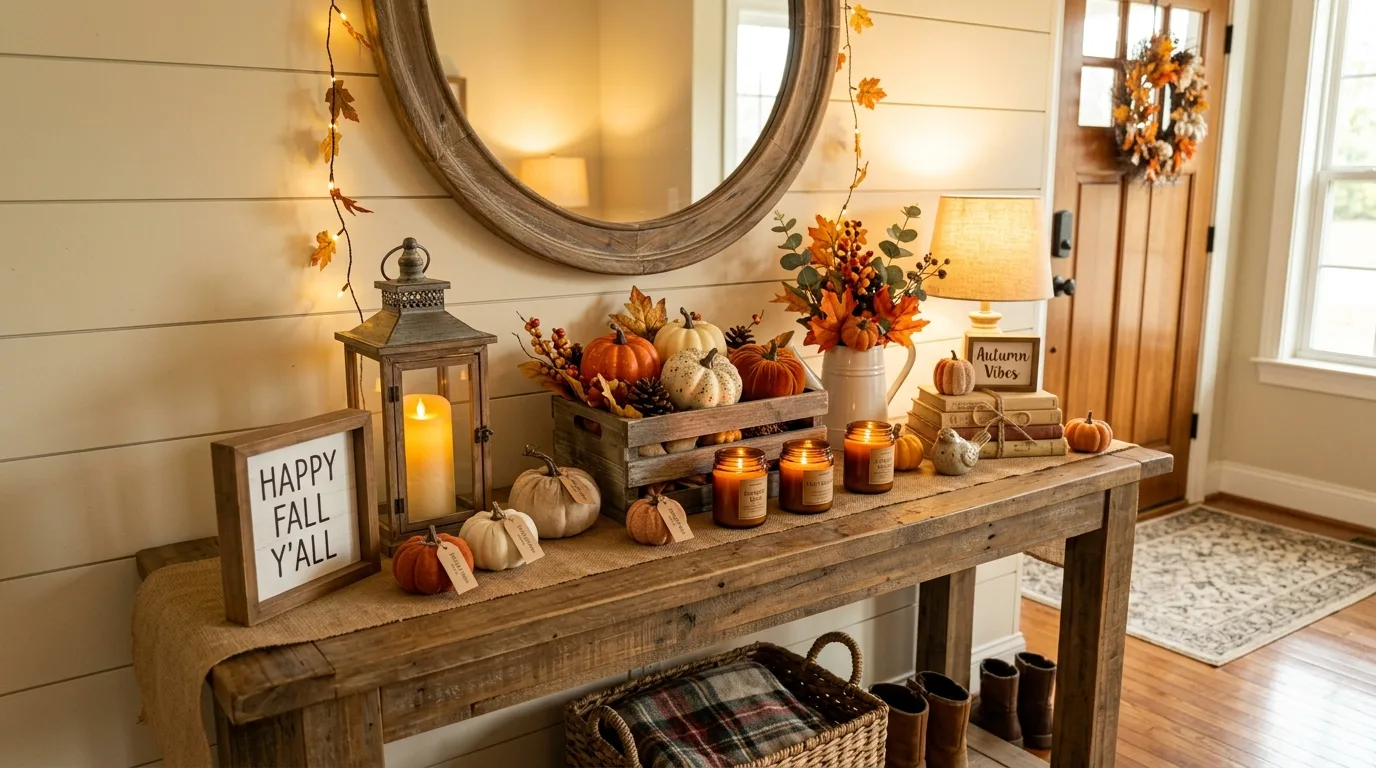 Farmhouse entry table styled with Dollar Tree fall decor